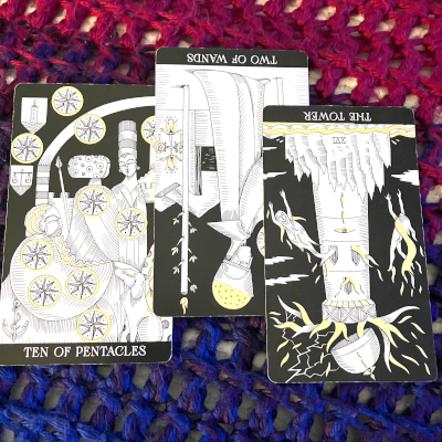 10 of pentacles, 2 of wands (reversed), XVI THE TOWER (reversed)